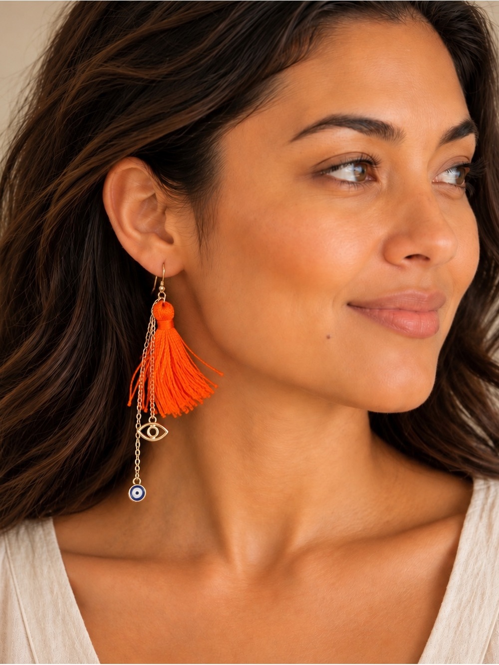 Orange Tassel Evil Eye Earrings Gold Tone Boho Statement Dangle Earrings